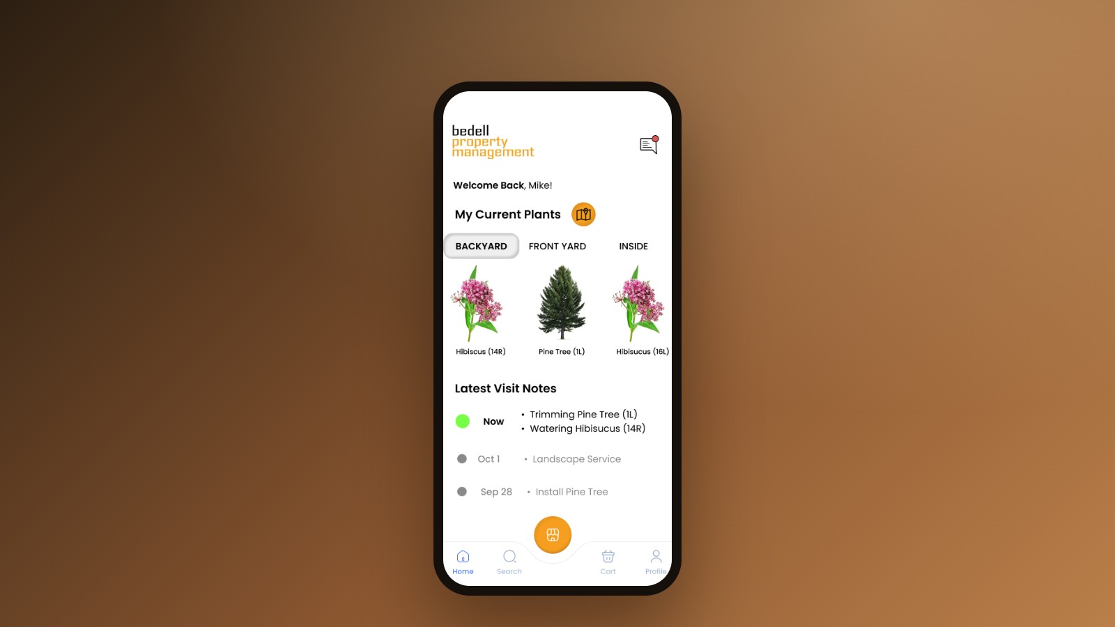 Bedell app home screen — current plants by area and latest visit notes