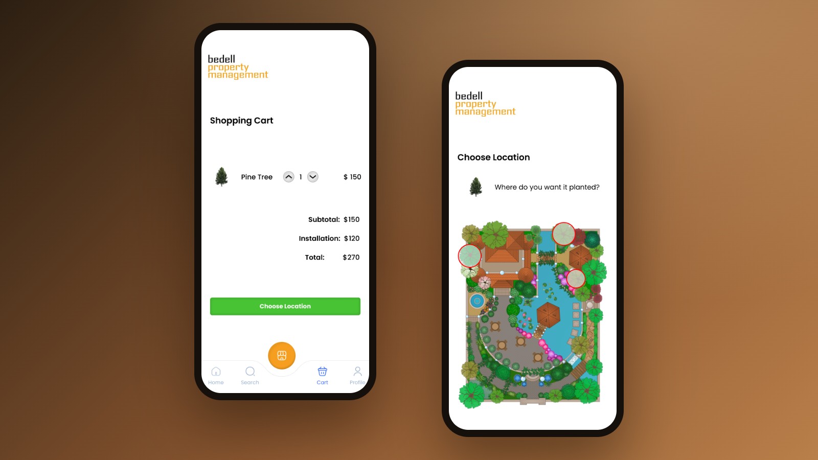 Bedell app shopping cart and choose-location screens — selecting where a new plant is installed