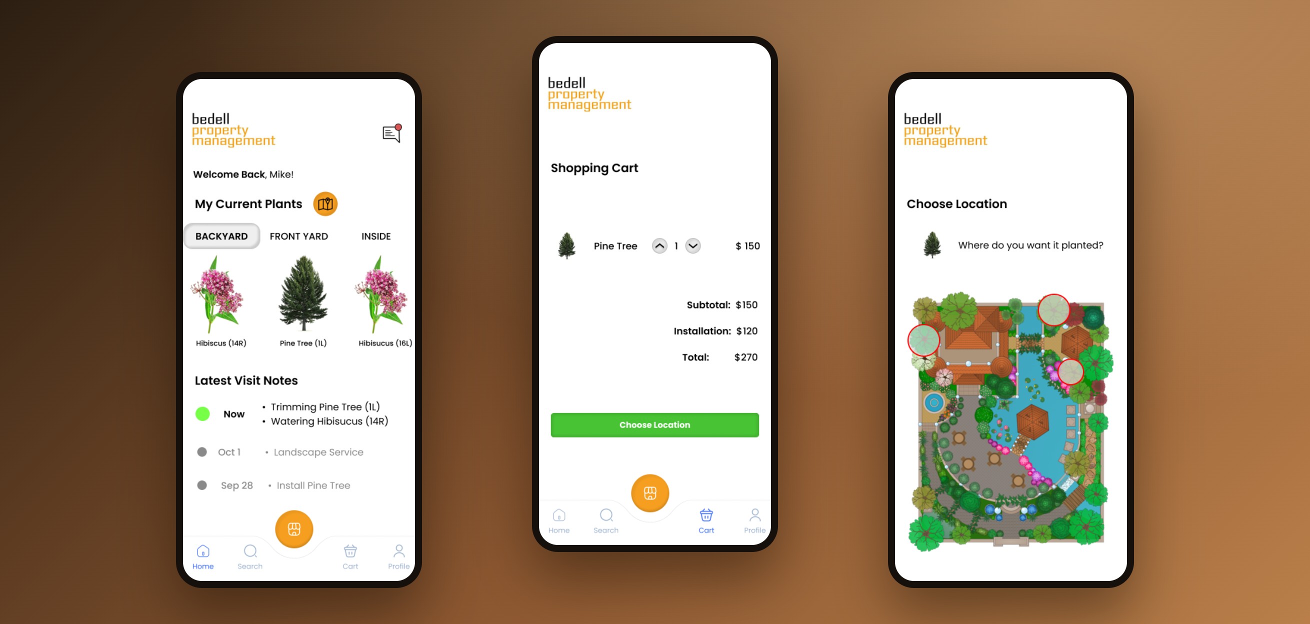 Bedell Property Management mobile app — home, shopping cart, and choose location screens