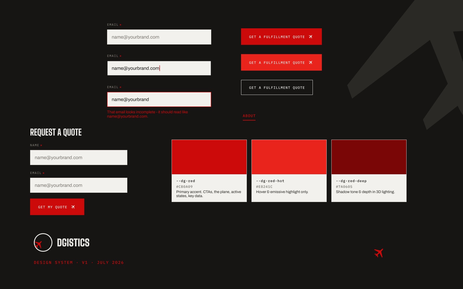 Dgistics design system — email input in default, filled, and error states, fulfillment-quote buttons in default, hover, and outline styles, and red color tokens with usage notes
