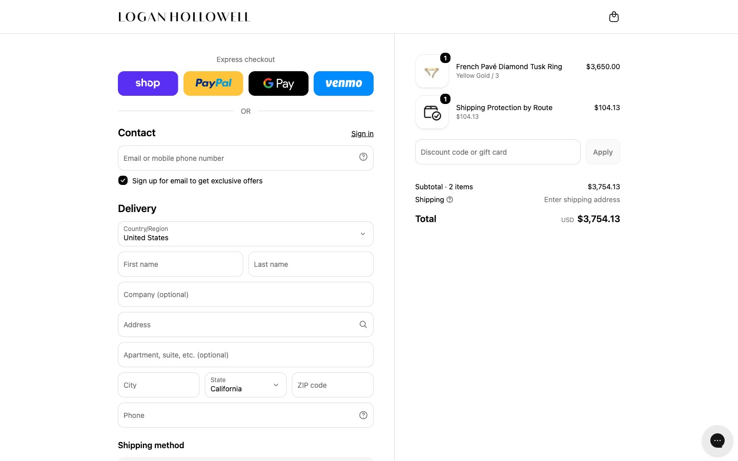 One-page checkout — express payment options, then contact, delivery, shipping method and payment on a single page, with an order summary showing the ring and shipping protection