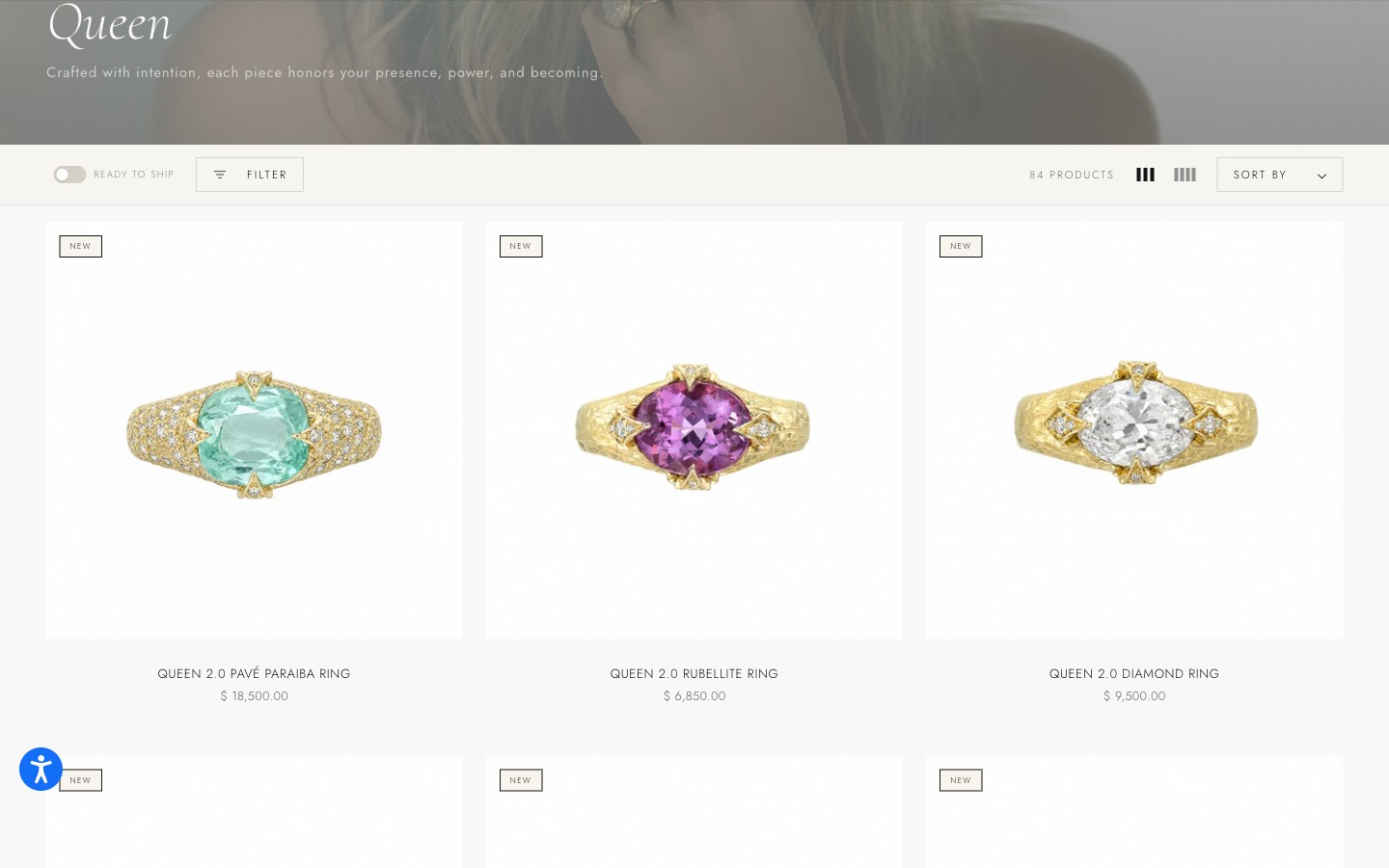 Queen collection page — collection title and description over editorial imagery, then a control bar with a Ready to Ship toggle, filter, 84 products, grid density switcher and sort, above a three-up grid of gemstone rings