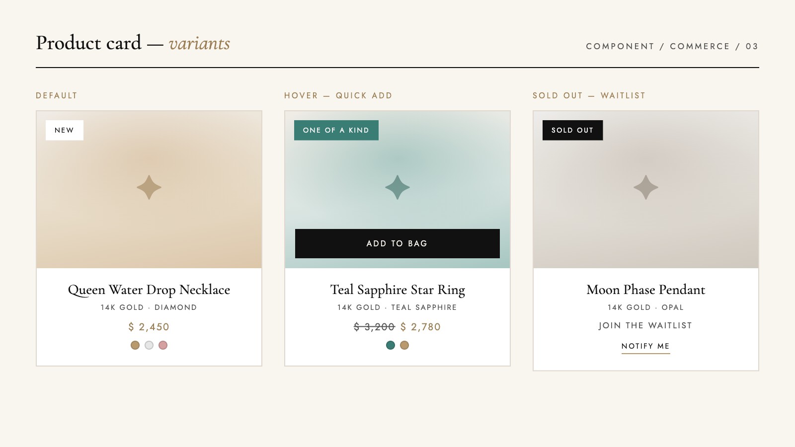 Product card component variants — default, hover with quick add, and sold out with waitlist