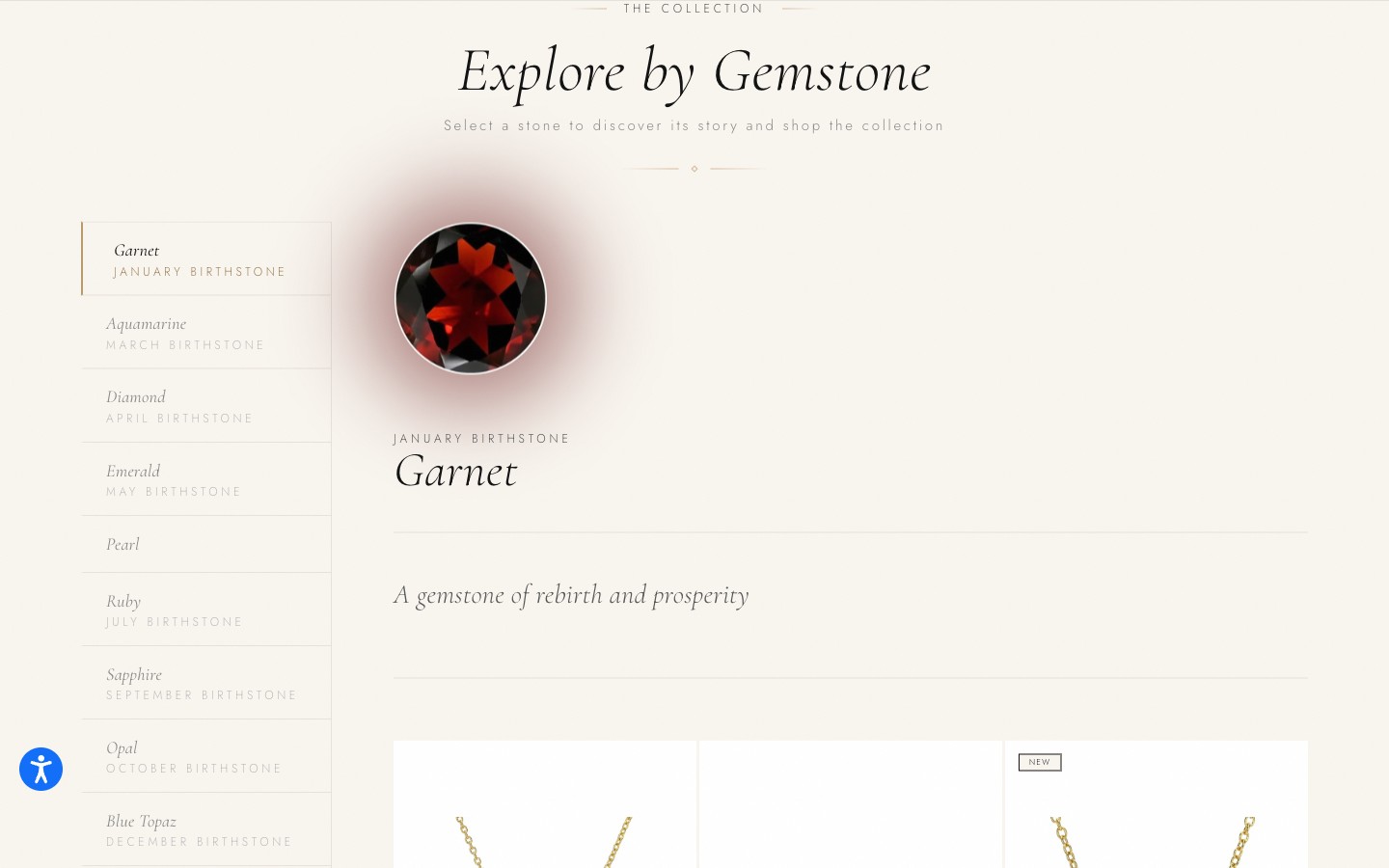 Gem Guide — Explore by Gemstone, with a list of stones and their birthstone months on the left and a detail pane showing the Garnet stone, its descriptor, and shoppable products