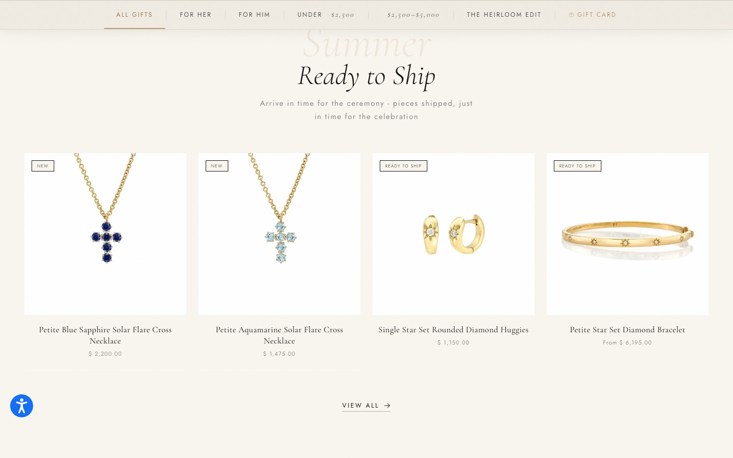 Gift Guide — sticky sub-navigation for All Gifts, For Her, For Him, Under $2,500, $2,500 to $5,000, The Heirloom Edit and Gift Card, above a Ready to Ship section of four products with Ready to Ship and New badges