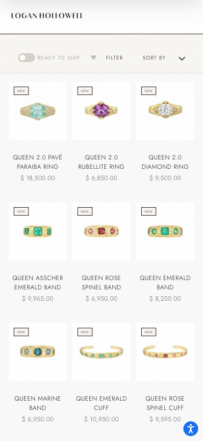 Queen collection page on mobile — the control bar collapses to a Ready to Ship toggle and filter, with a two-up product grid