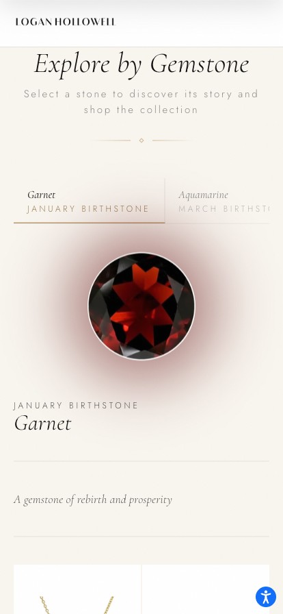 Gem Guide on mobile — the stone list becomes a horizontally scrolling tab strip above the stone detail