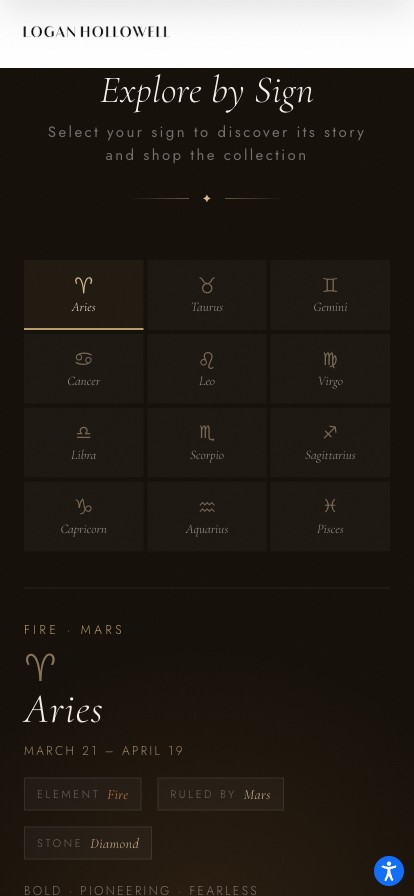 Zodiac Signs page on mobile — the sign list and zodiac wheel stack vertically above the sign detail