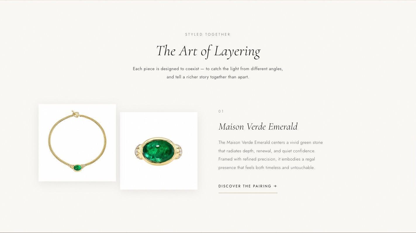 The Art of Layering section on the product page — a Styled Together eyebrow above the heading, with product photography of the necklace and its paired ring beside a numbered description and a Discover the Pairing link