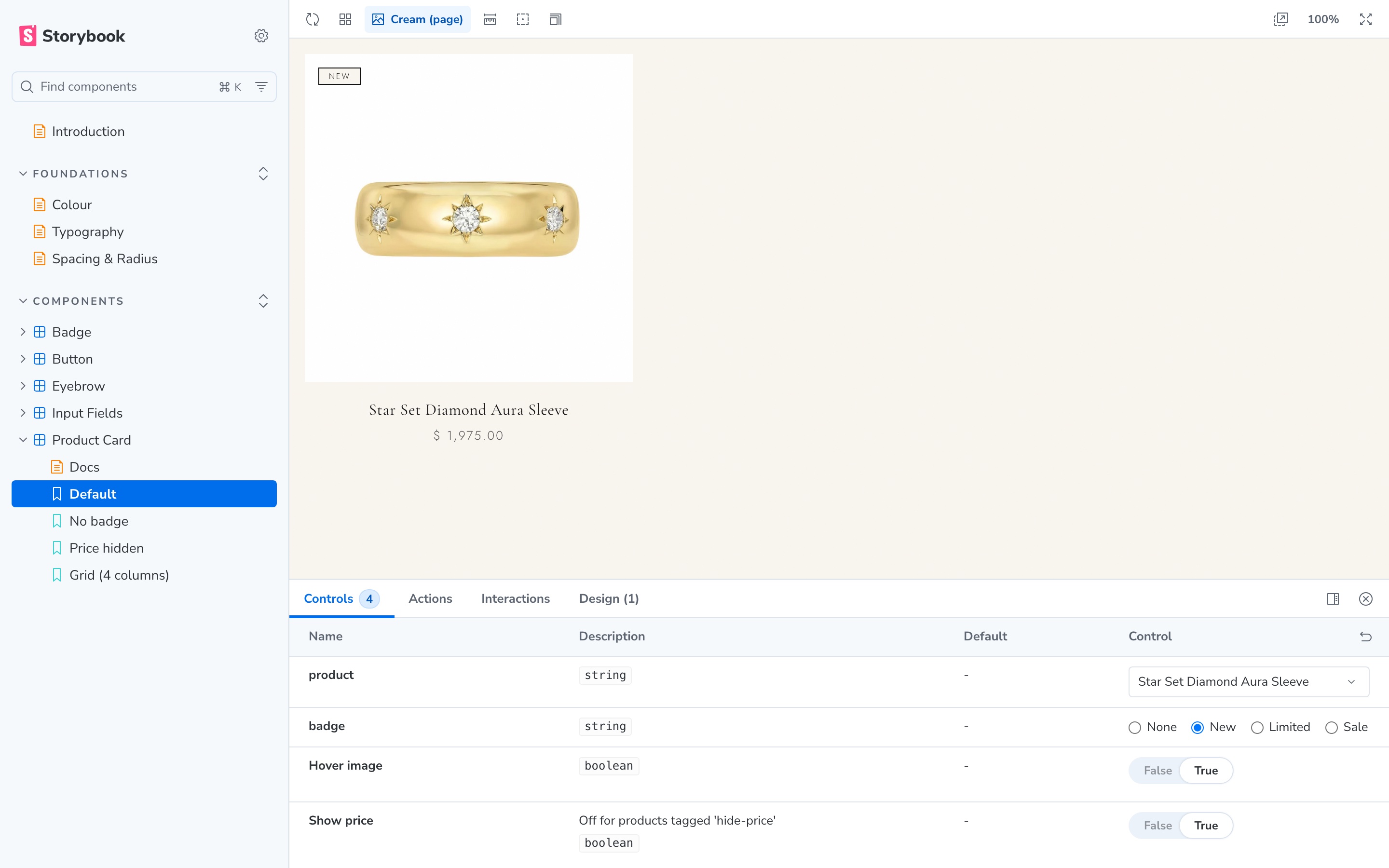 The Logan Hollowell Storybook showing the Product Card component on a cream page background, with a sidebar of foundations (Colour, Typography, Spacing and Radius) and components (Badge, Button, Eyebrow, Input Fields, Product Card), and a Controls panel for product, badge, hover image, and show price