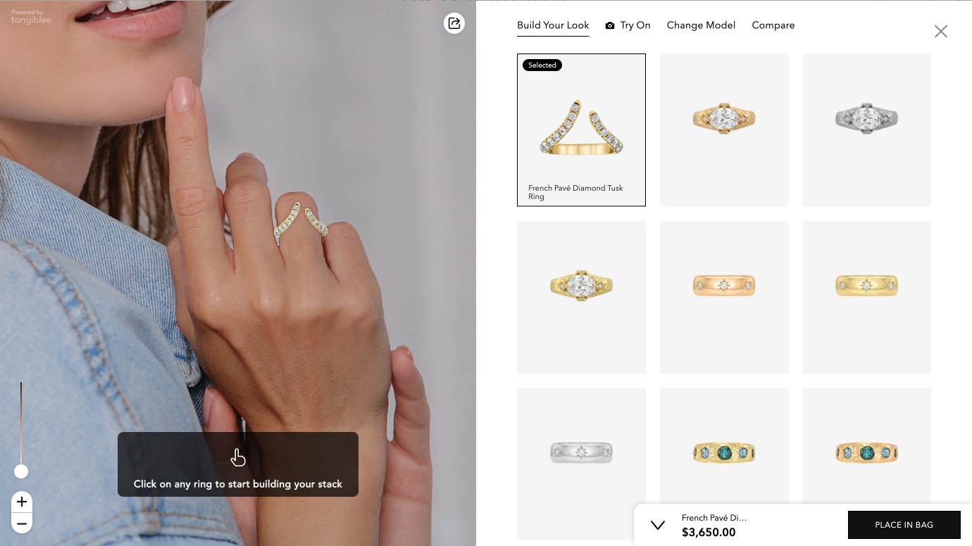 Virtual try-on modal — the French Pavé Diamond Tusk Ring rendered at true scale on a hand model, with tabs for Build Your Look, Try On, Change Model, and Compare, and a stack-building product tray