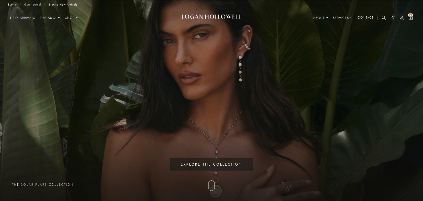 Logan Hollowell homepage — full-bleed editorial hero for The Solar Flare Collection, with a model in layered diamond jewelry and an Explore the Collection call to action