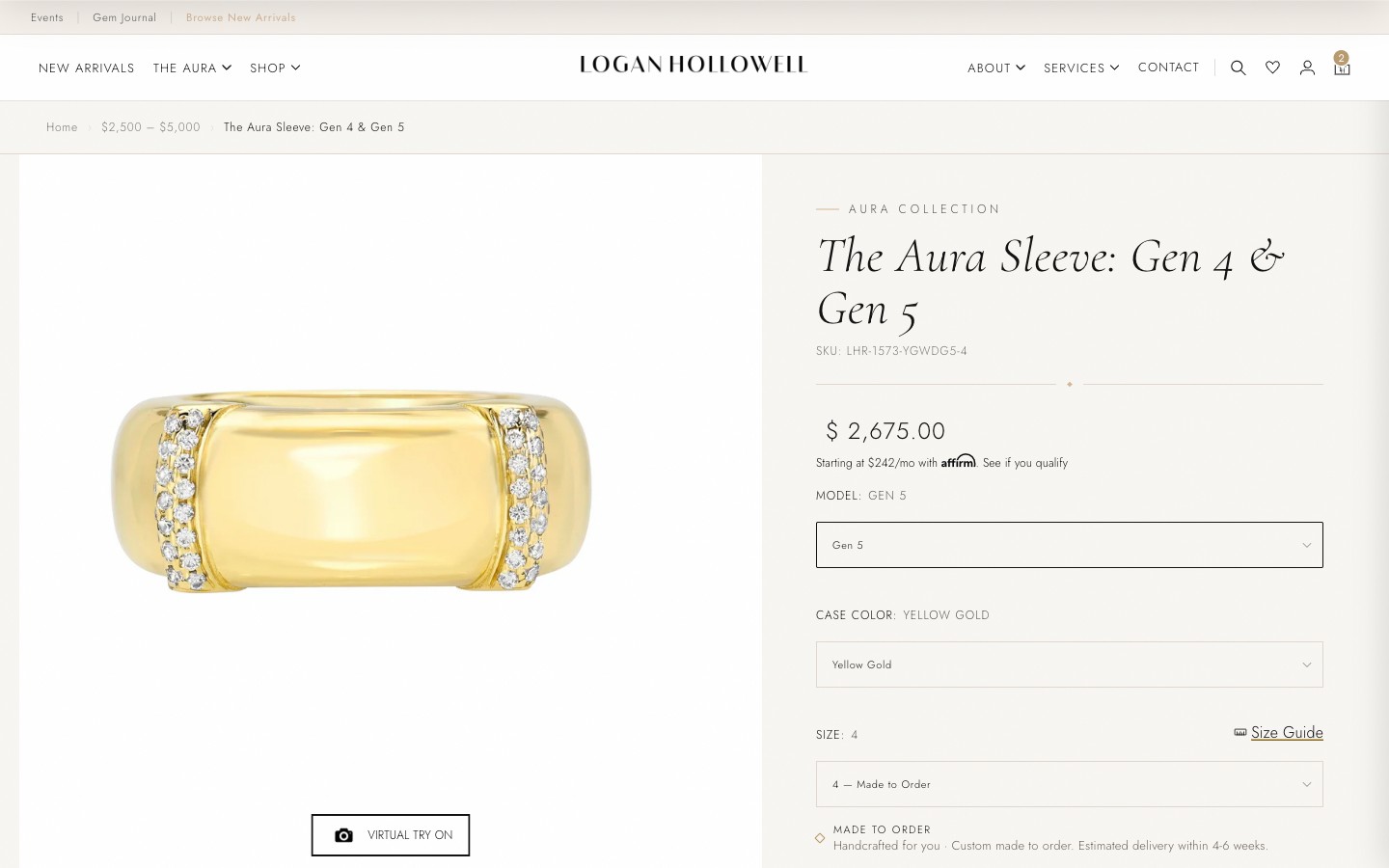 Product detail page for The Aura Sleeve Gen 5 — large product photography beside collection label, price, Affirm financing, model, case color and size selectors with a size guide link, and a made-to-order delivery estimate above the buy button
