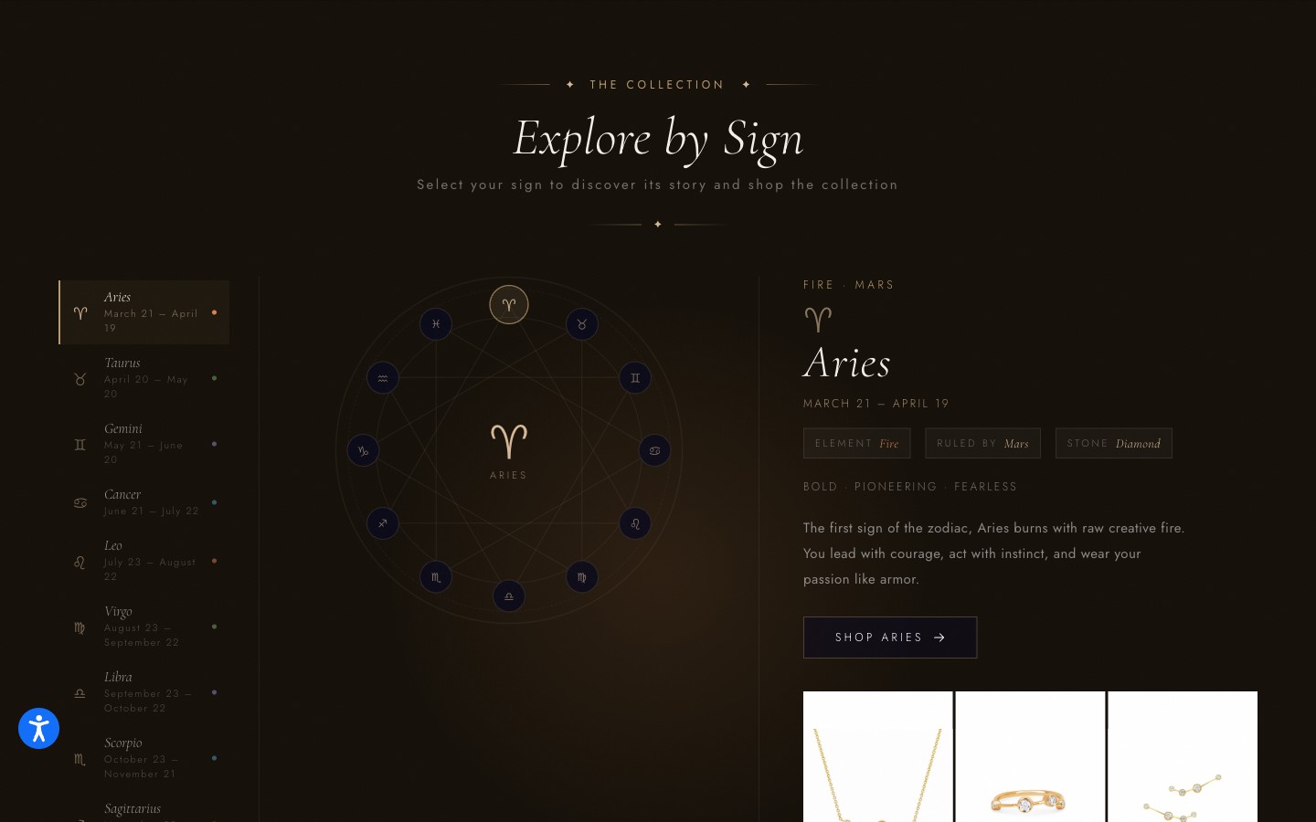 Zodiac Signs page — Explore by Sign, with a sign list, an interactive zodiac wheel, and a detail pane showing Aries with element, ruling planet, associated stone, traits, and shoppable products